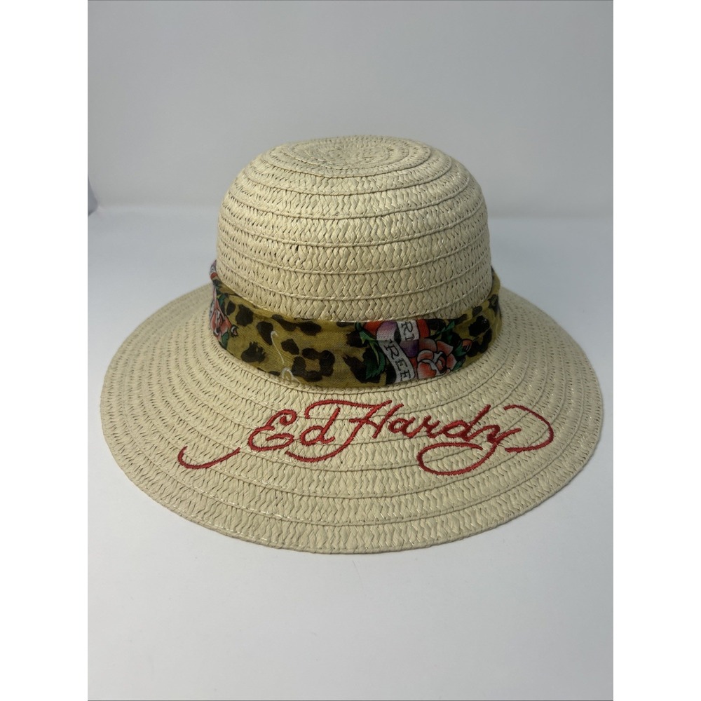 NWOT Ed Hardy Womens Sun Hat With Embroidered Signature Leopard Scarf 100% Paper
